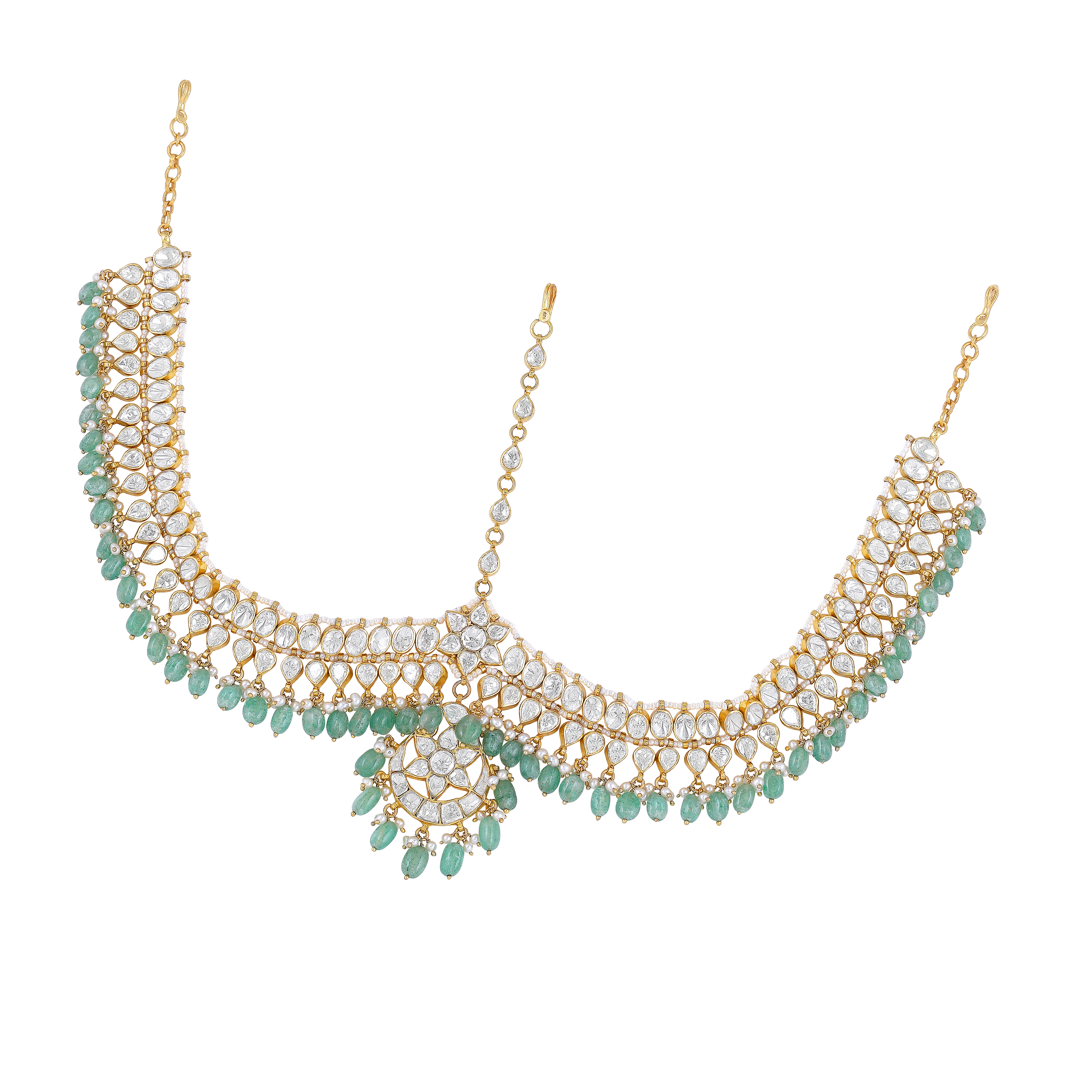 Silver Green Bead Mathapatti with CZ Stones
