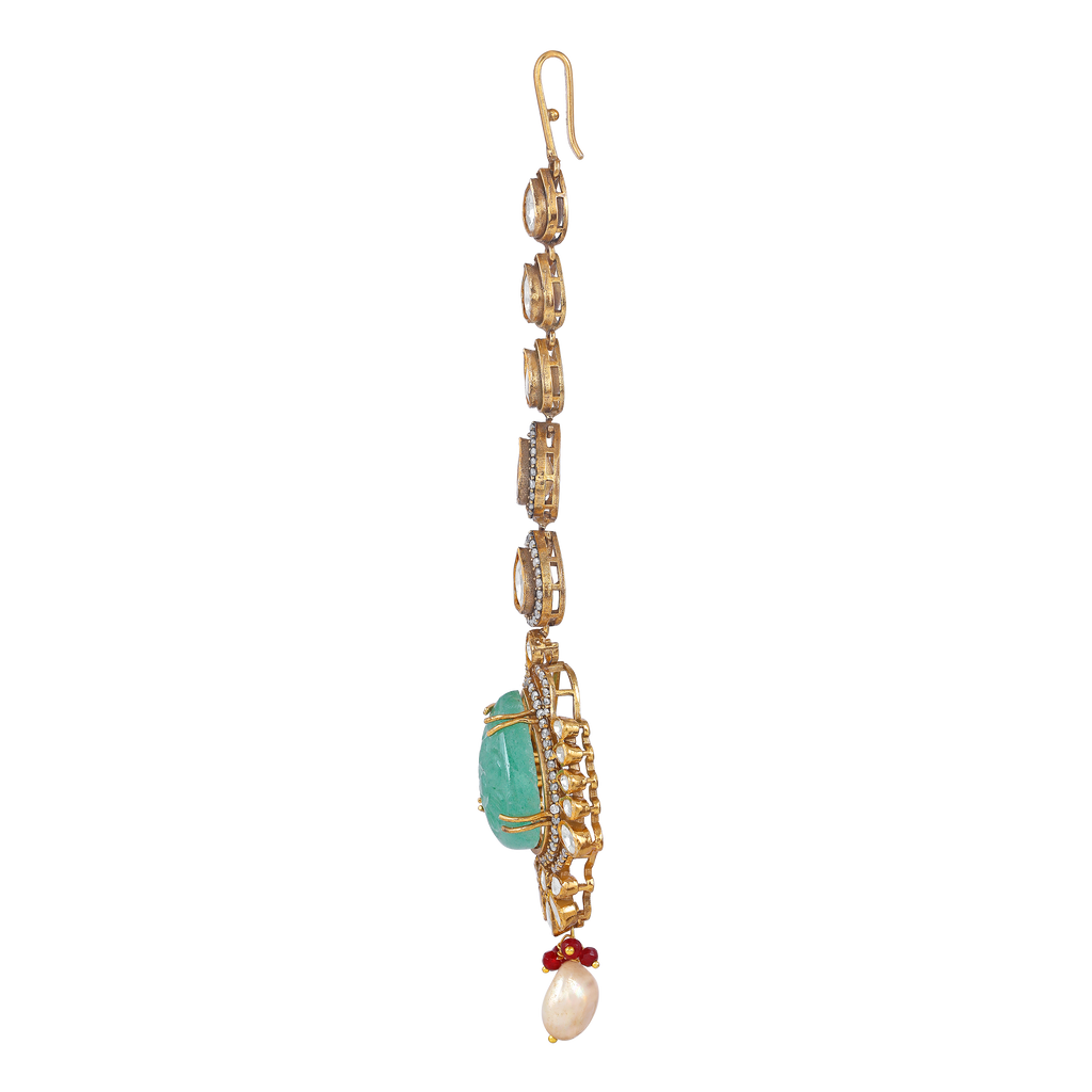 Silver Polki Maang Tikka with Pear-Cut Green Stone