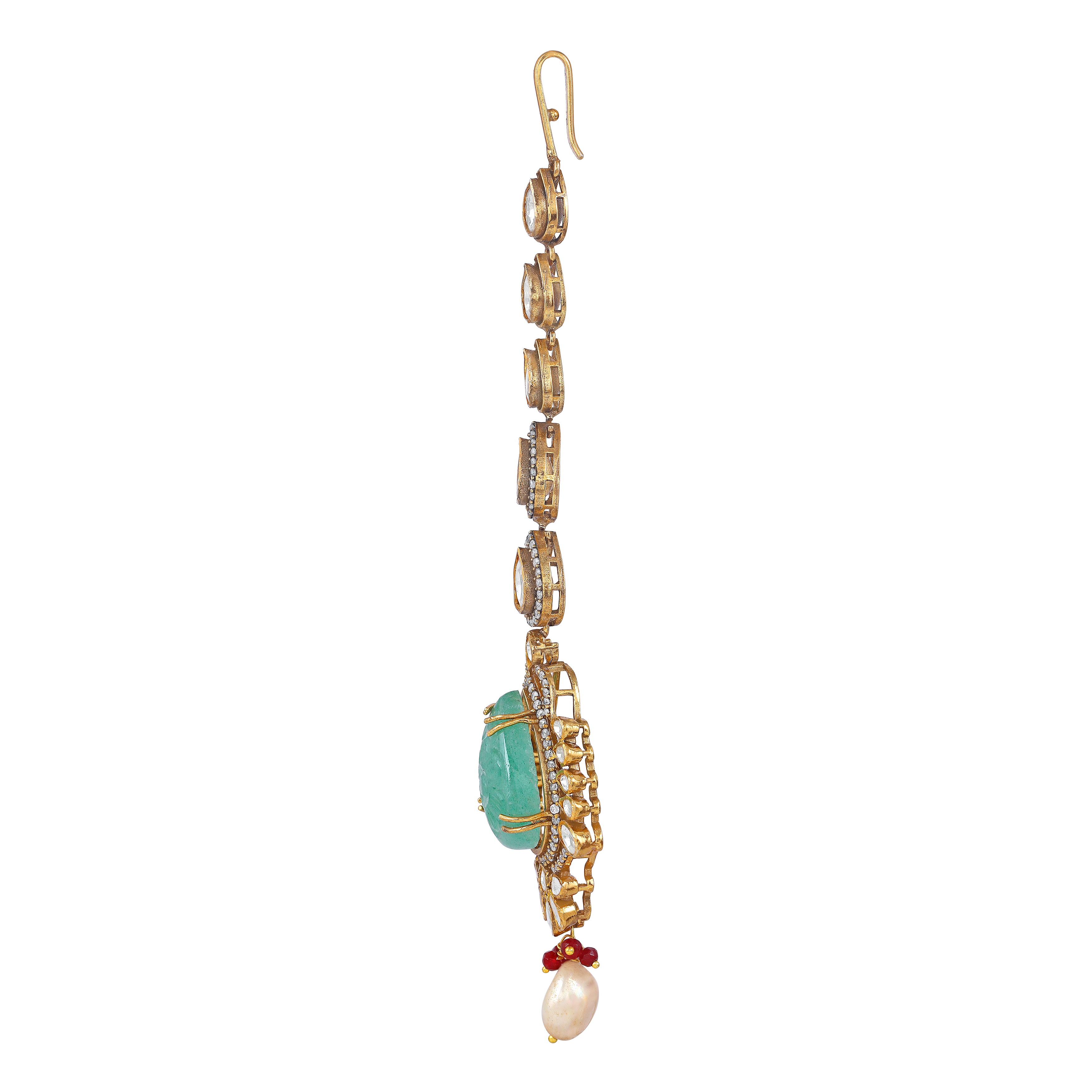 Silver Polki Maang Tikka with Pear-Cut Green Stone