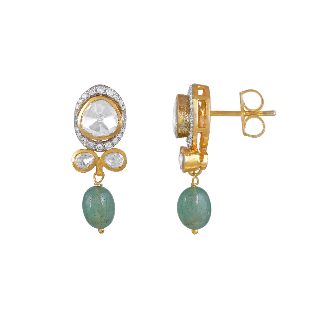 Polki-Style Silver CZ Halo Earrings with Green Droplets
