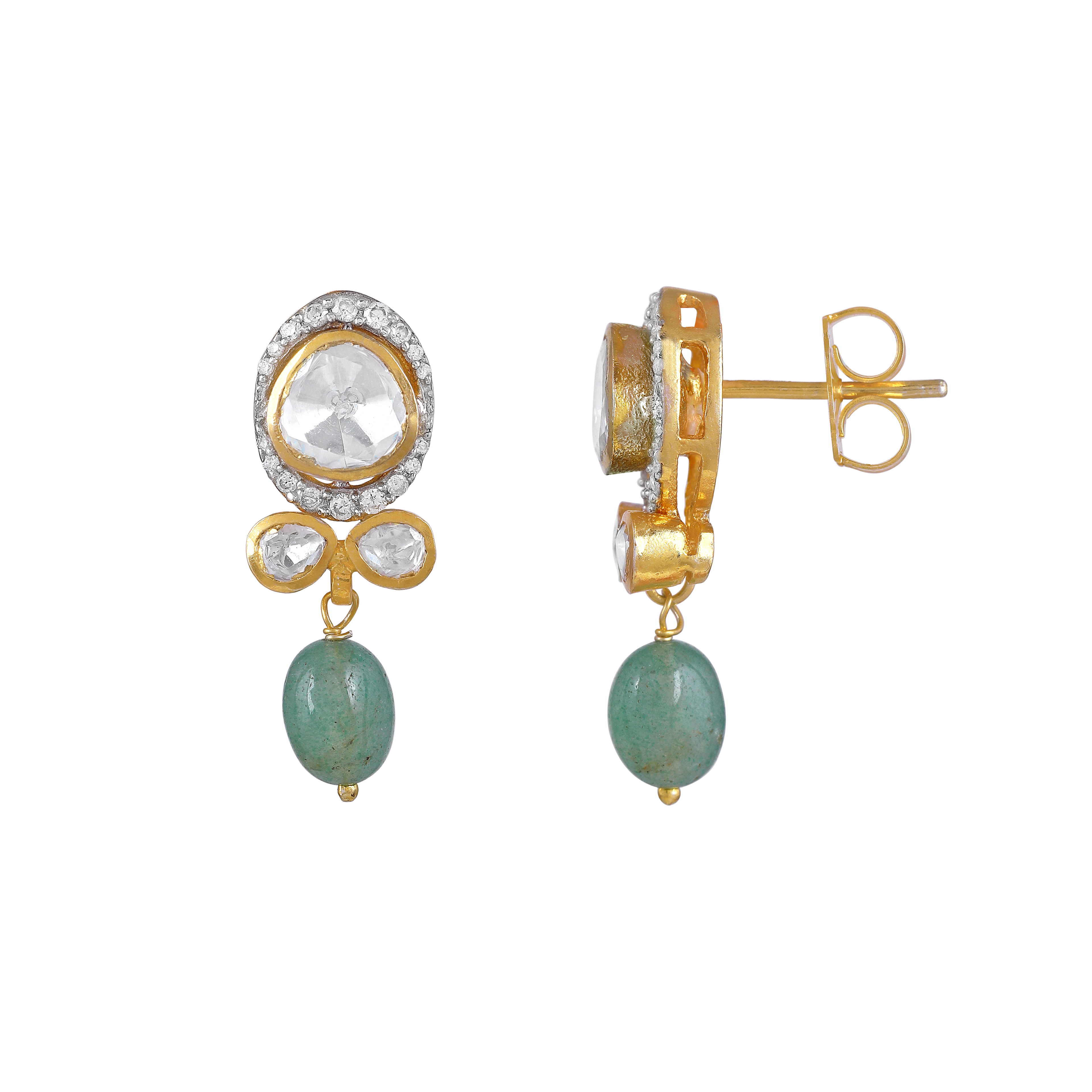 Polki-Style Silver CZ Halo Earrings with Green Droplets