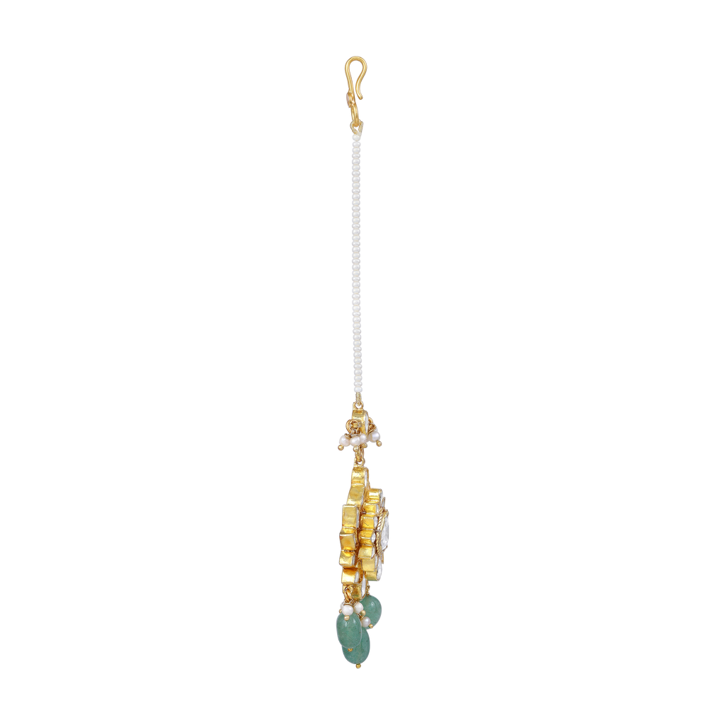 Silver Maang Tikka with Pearls and Green Beads