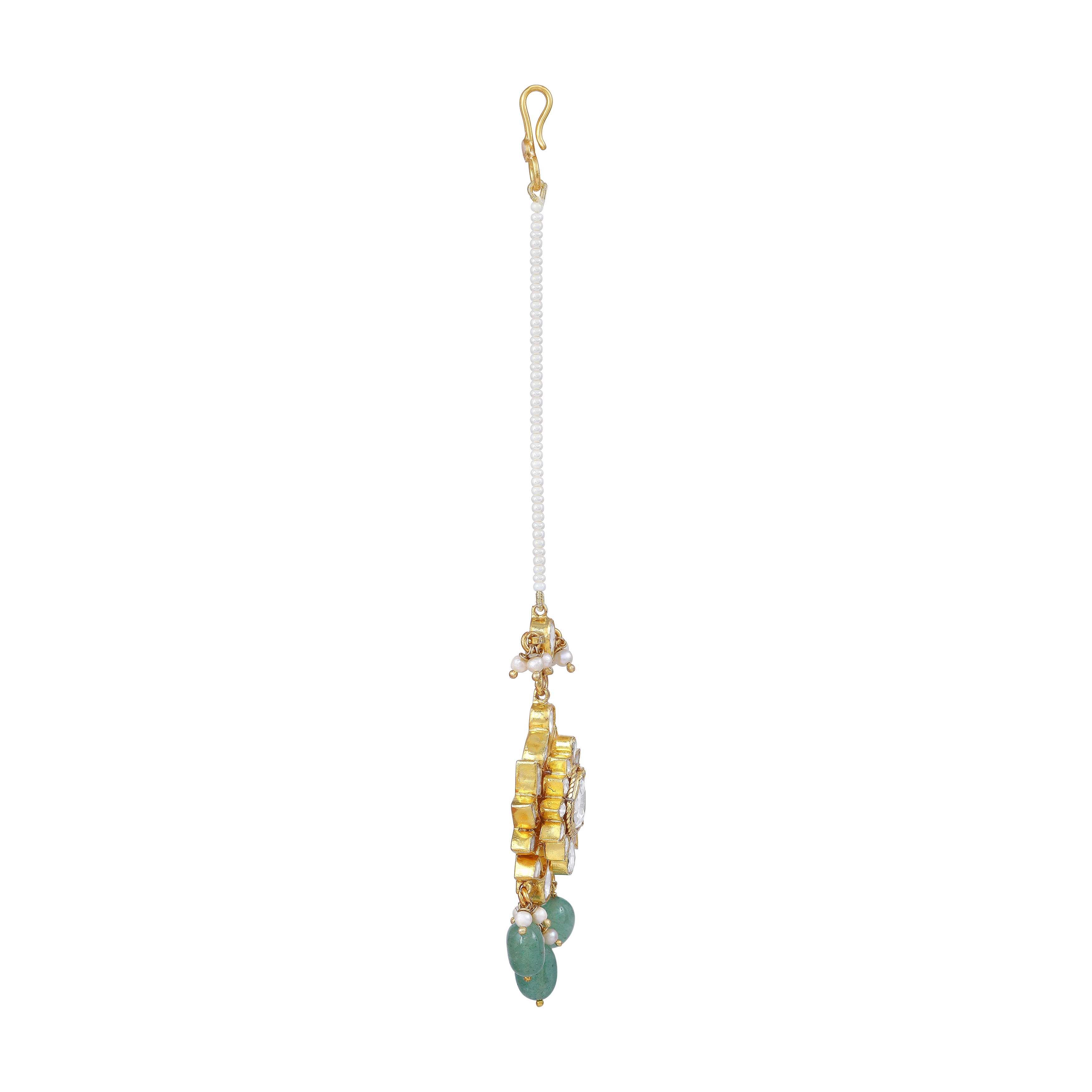 Silver Maang Tikka with Pearls and Green Beads