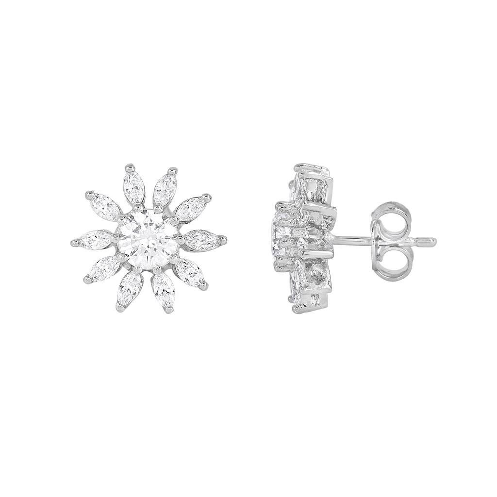 Stellar Sunburst CZ Stud Earrings in Silver