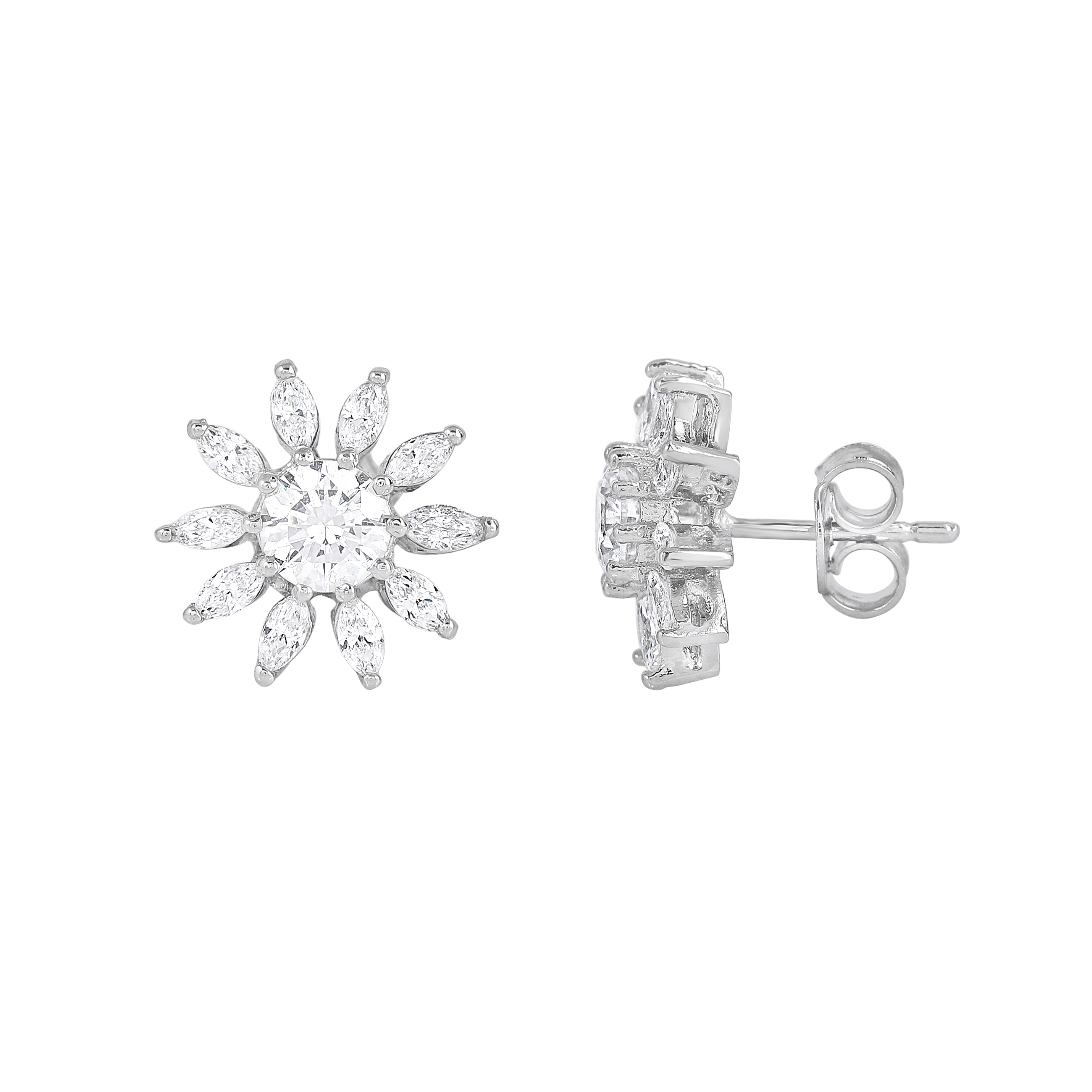 Stellar Sunburst CZ Stud Earrings in Silver
