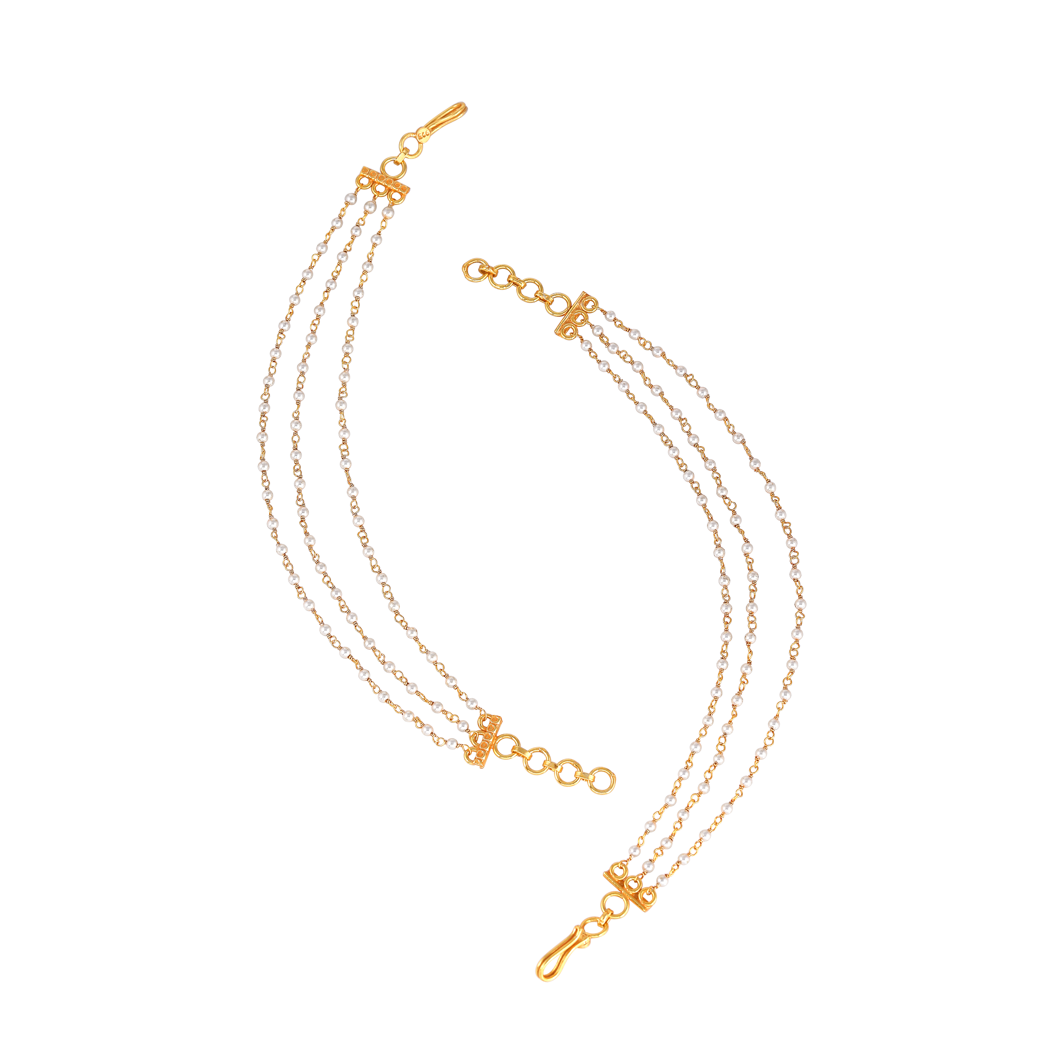 Three-Layered Pearl Silver Ear Chains