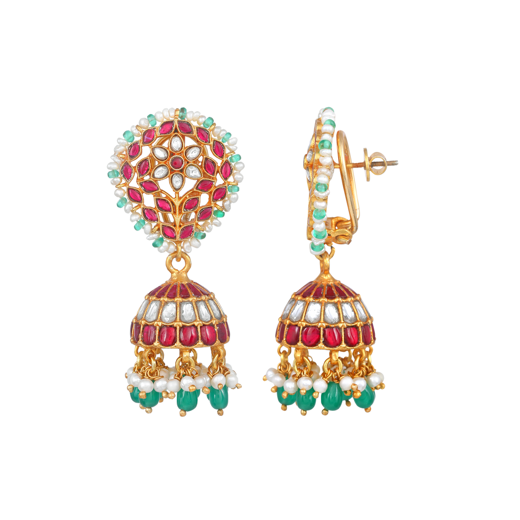Vibrant Floral Kemp-Style 92.5 Silver Jhumkas