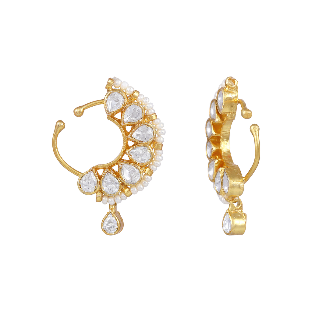 Aurora Bezel-Set CZ Silver Nose Pin with Pearl Accents