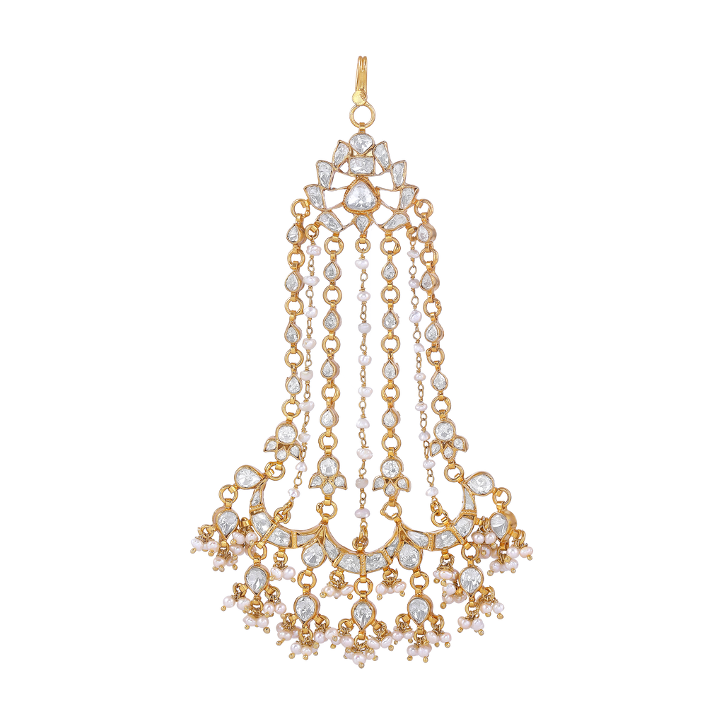 Mughal-Style Silver Passa with CZ & Pearl Droplets