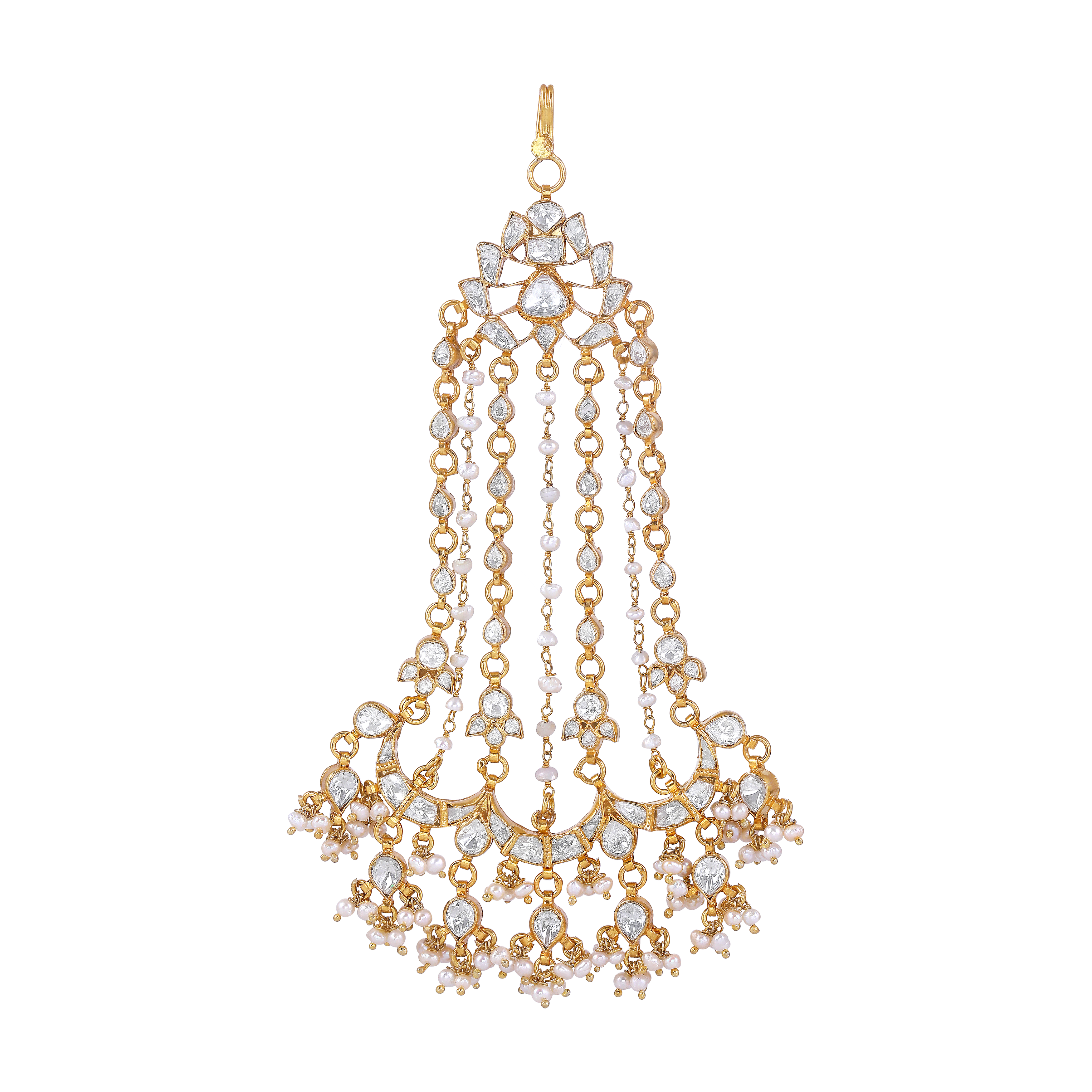 Mughal-Style Silver Passa with CZ & Pearl Droplets