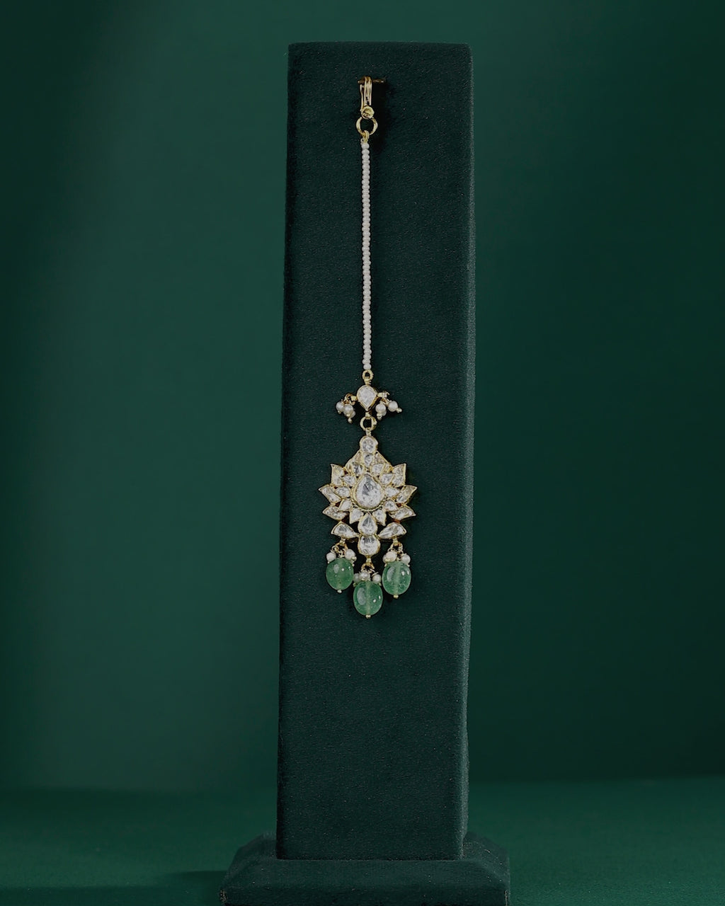 Silver Maang Tikka with Pearls and Green Beads