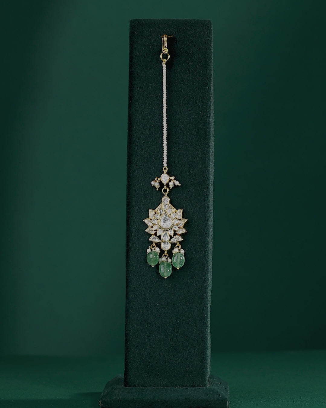 Silver Maang Tikka with Pearls and Green Beads