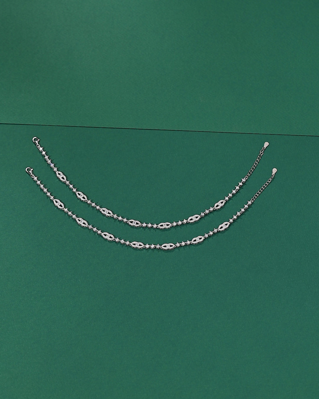 Silver Interlocking Link Anklets with Brilliant CZ