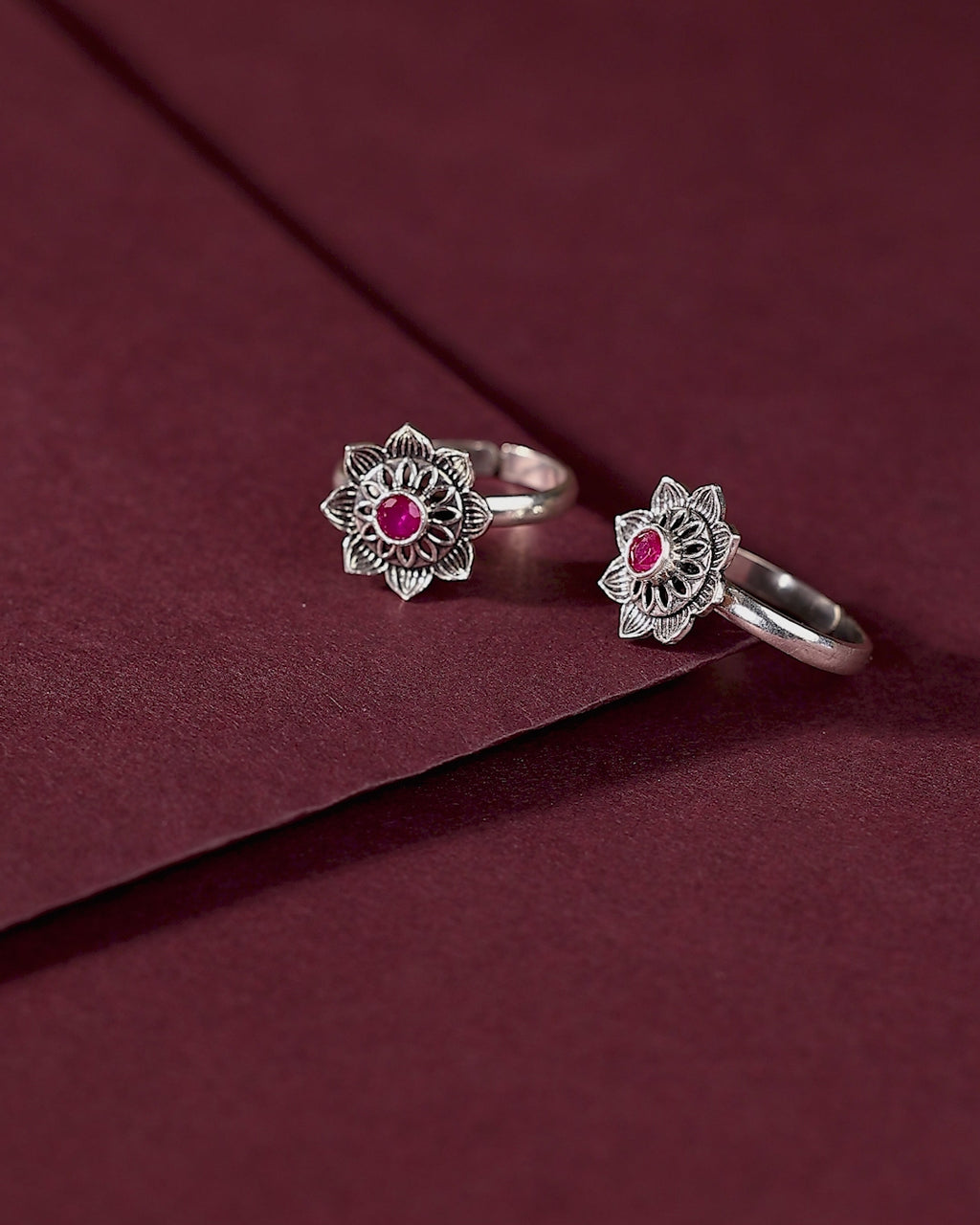 Pure 92.5 Silver Lotus-Bloom Toe Rings with Red Centre Stone