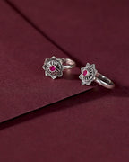 Pure 92.5 Silver Lotus-Bloom Toe Rings with Red Centre Stone