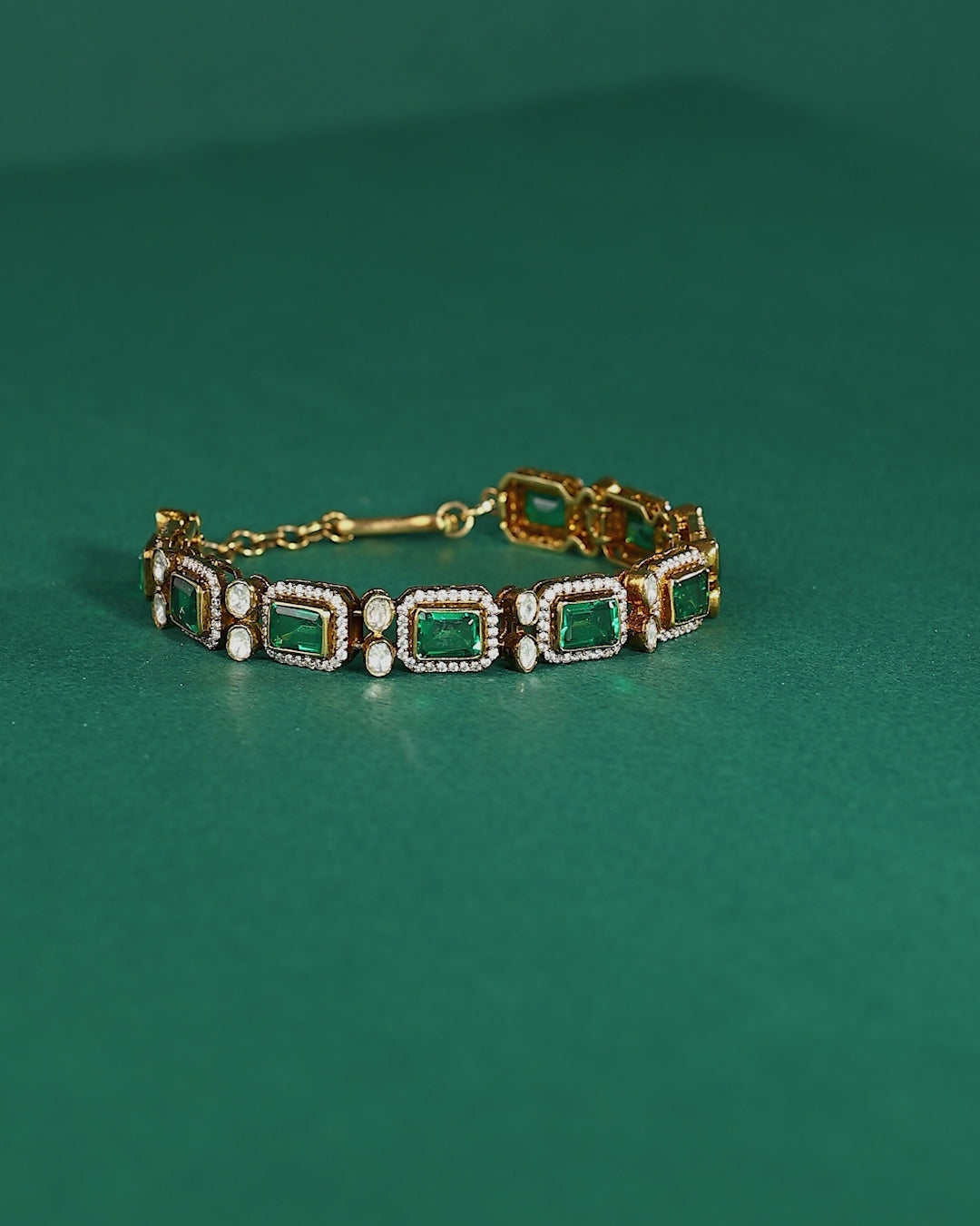 Silver Polki Pattern Bracelet With Green Stones