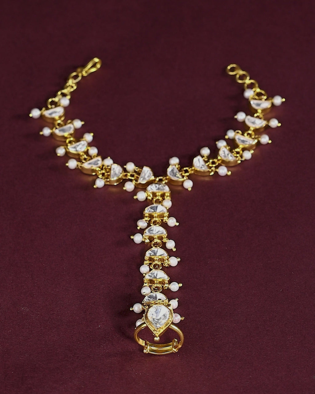 Silver Kundan Haath Phool with Delicate Pearl Accents