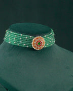 Silver Green Bead Choker Necklace With Kundan Pattern Pendant