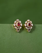 Red Teardrop CZ Silver Polki Pattern Earrings in Gold-Plated