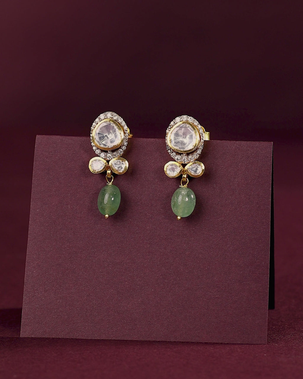 Polki-Style Silver CZ Halo Earrings with Green Droplets