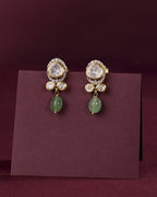 Polki-Style Silver CZ Halo Earrings with Green Droplets