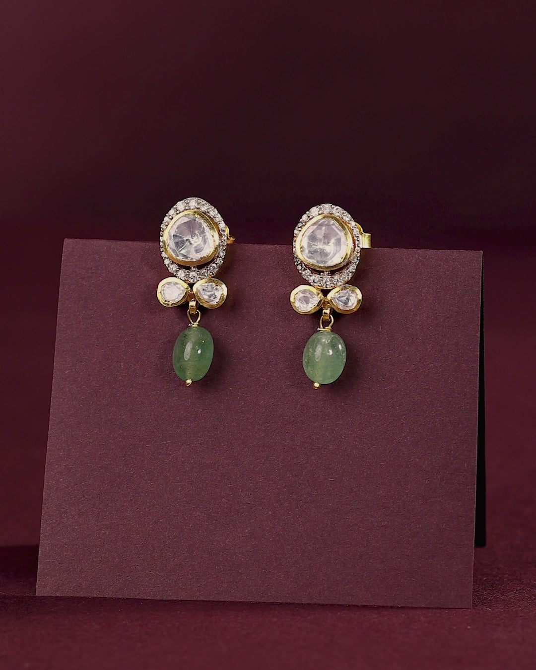Polki-Style Silver CZ Halo Earrings with Green Droplets