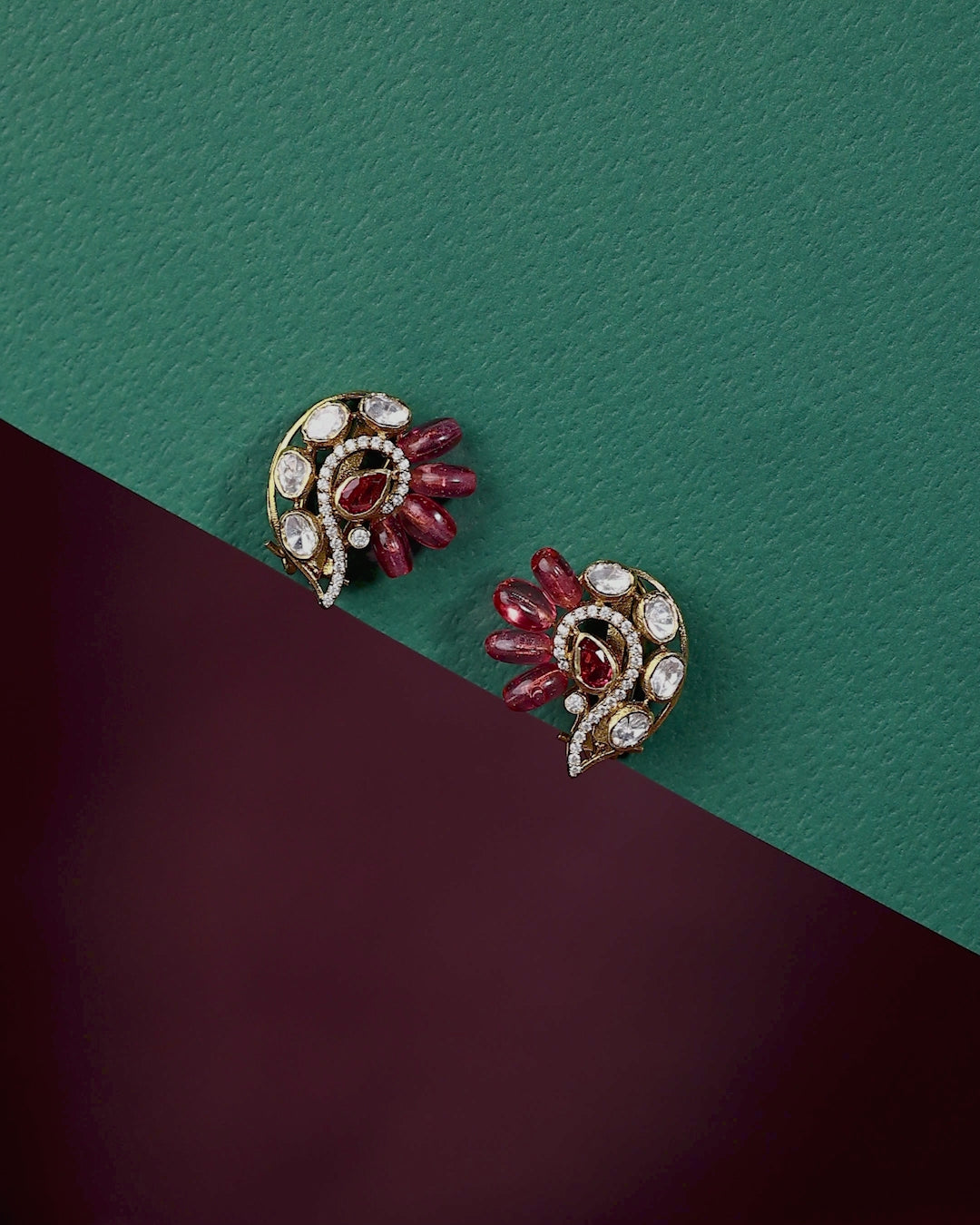 Silver Peacock Stud Earrings in Pink Stone