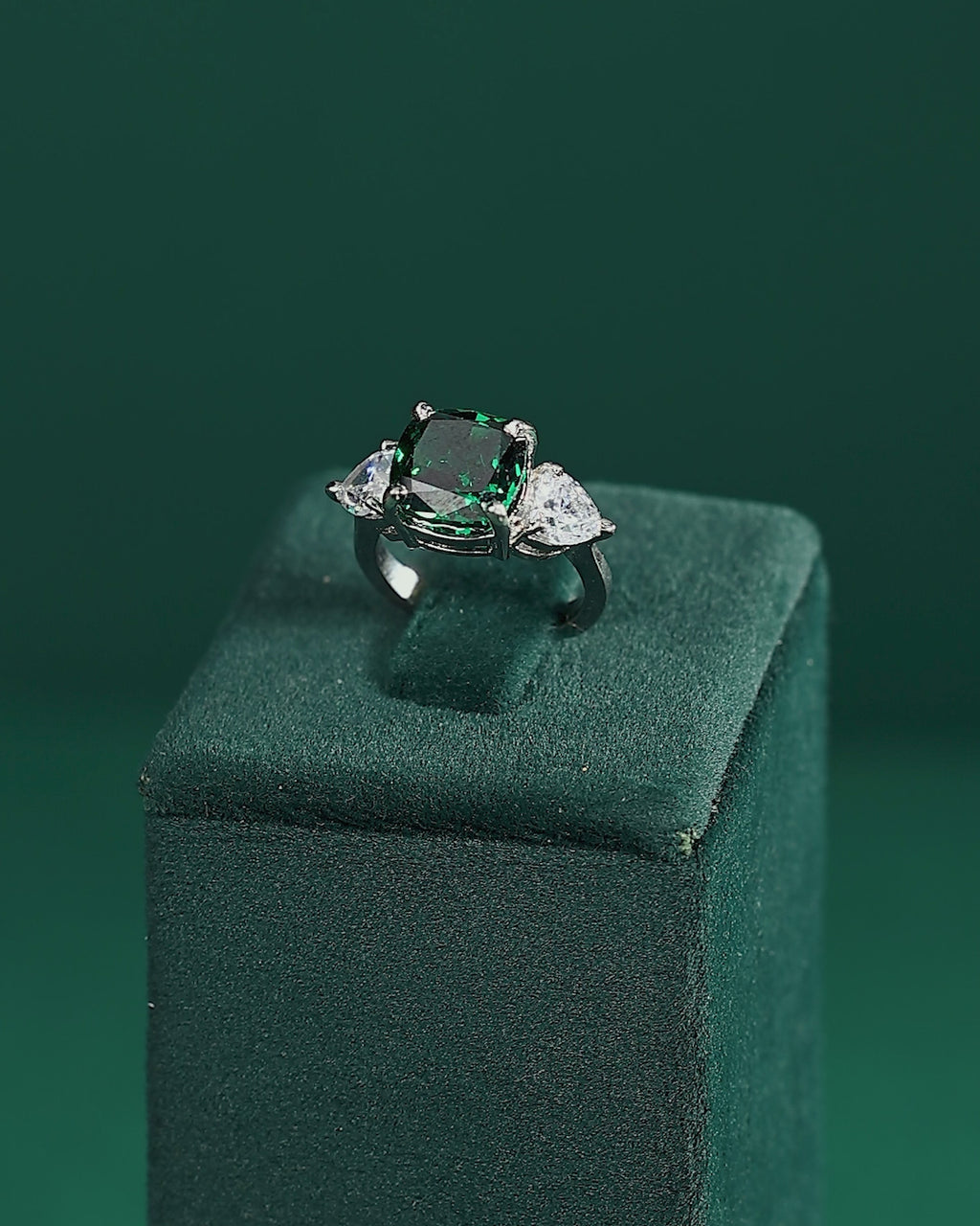 Regal Cushion-Cut Silver Ring with Green Stone
