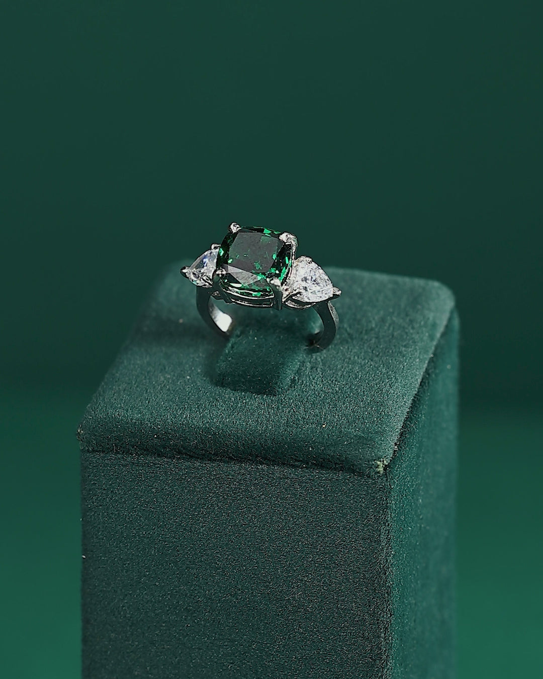 Regal Cushion-Cut Silver Ring with Green Stone