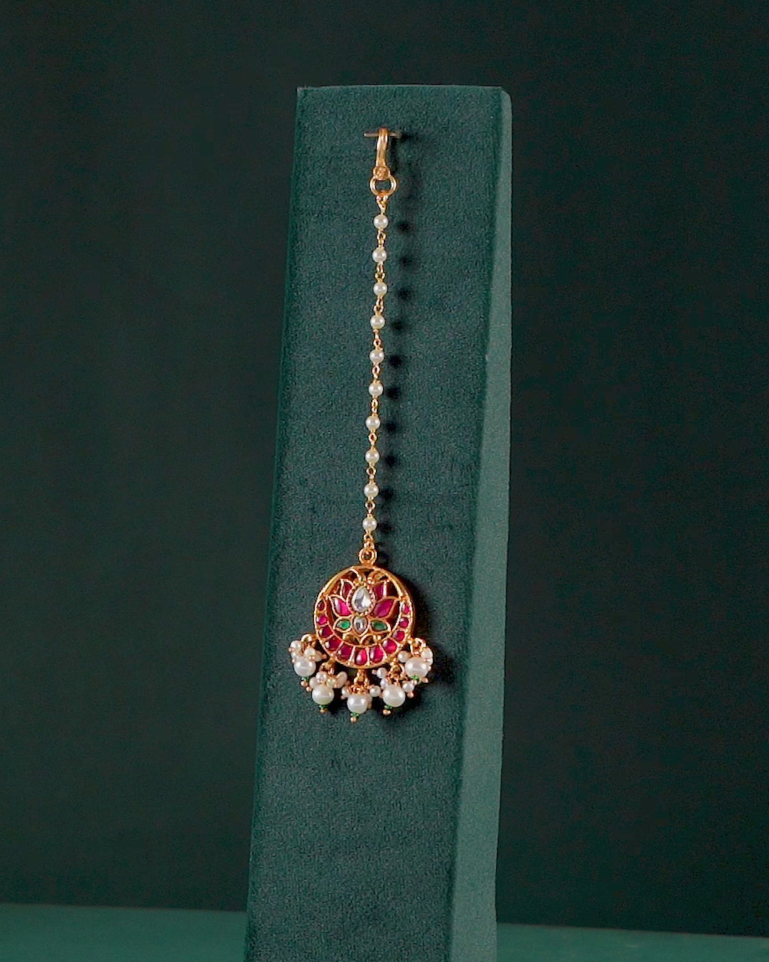 Silver Kundan Pattern Maang Tikka with Lotus Design