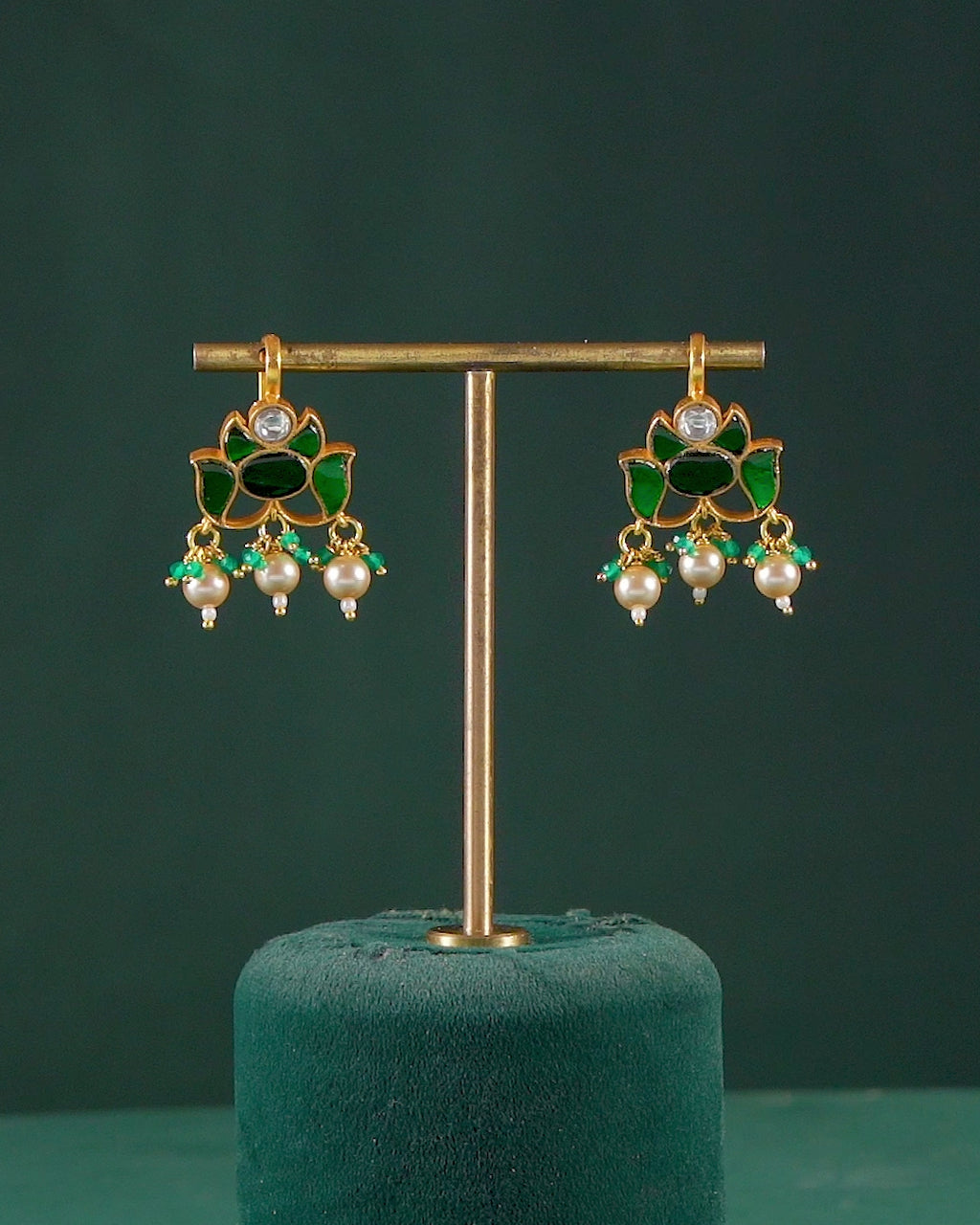 Silver Green Stone Lotus Pattern Earrings
