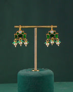Silver Green Stone Lotus Pattern Earrings