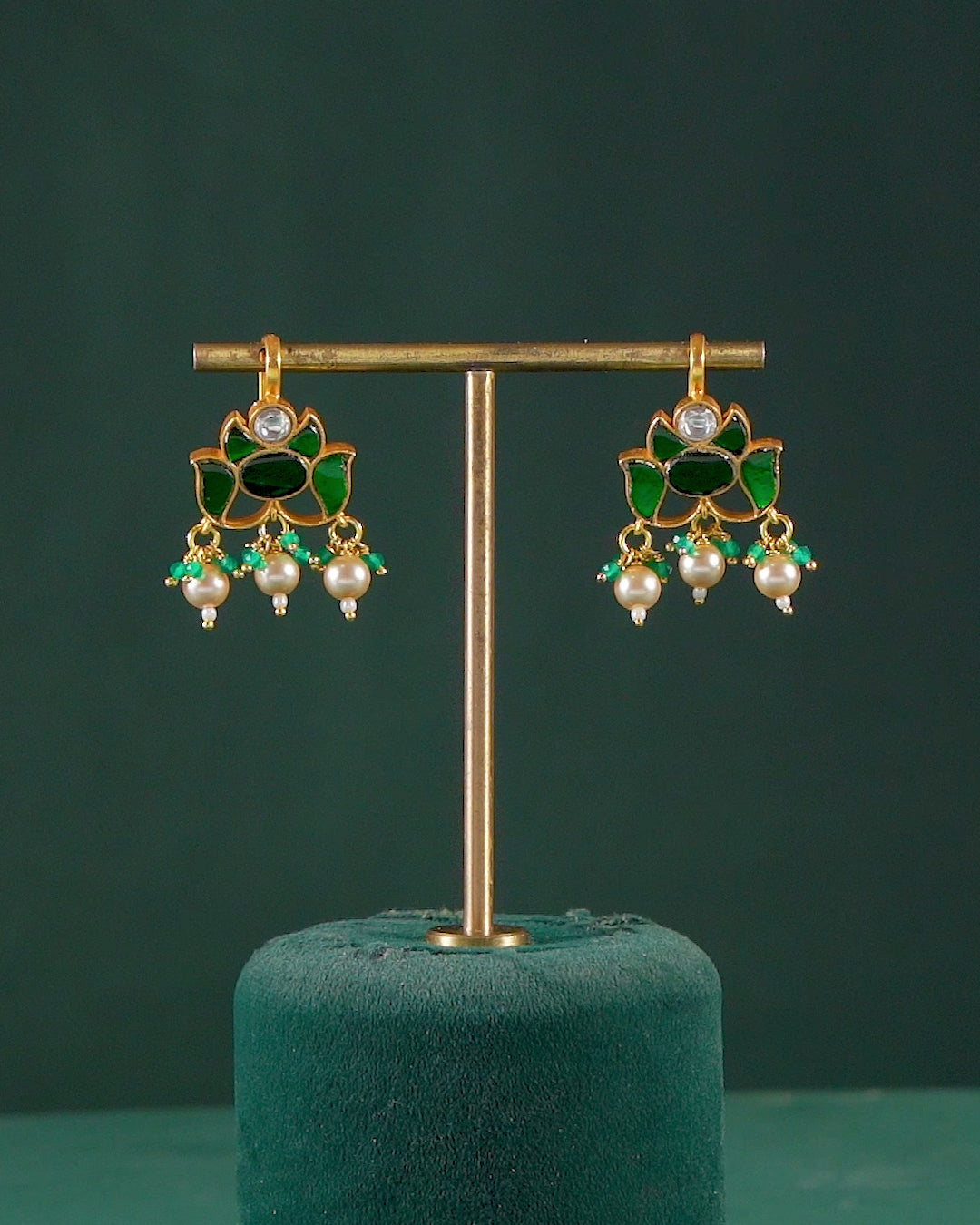 Silver Green Stone Lotus Pattern Earrings