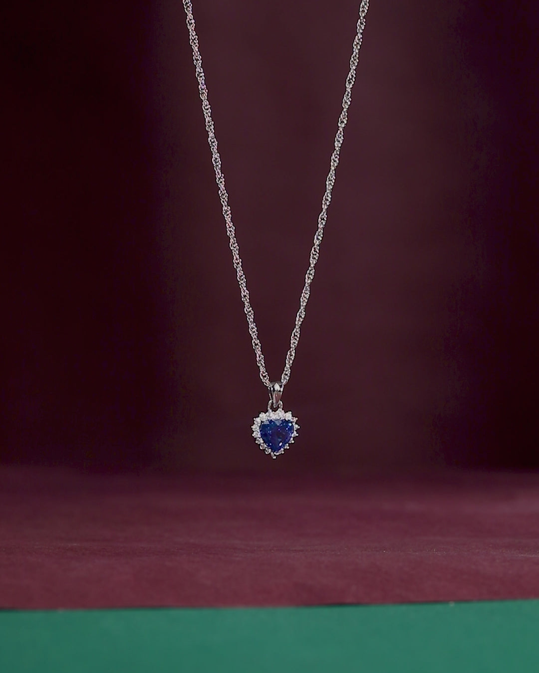 Deep Blue Heart Halo Silver Necklace