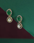 Green Stone Polki Pattern Silver Gilt Drop Earrings
