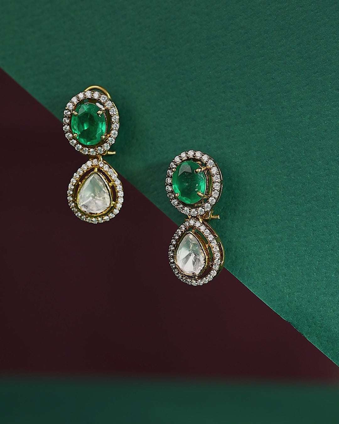 Green Stone Polki Pattern Silver Gilt Drop Earrings