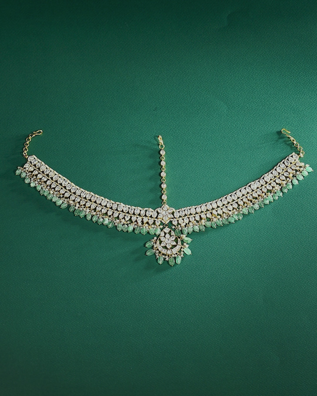 Silver Green Bead Mathapatti with CZ Stones