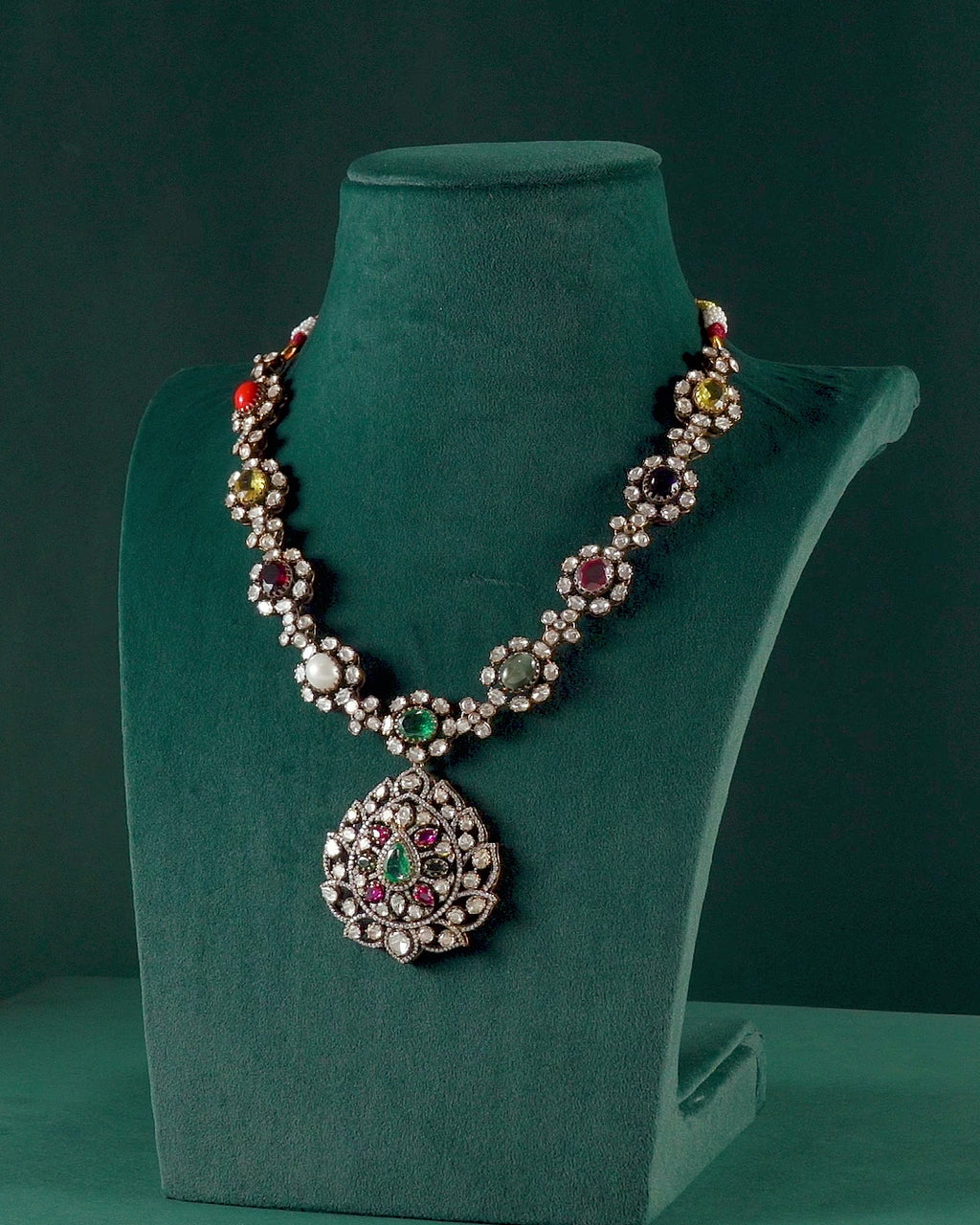 Silver Navaratna Polki Pattern Necklace with CZ Floral Medallion
