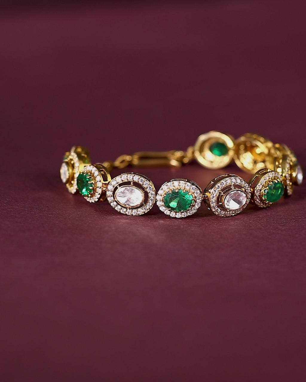 Gold Plated Silver Polki Pattern Bracelet with Green Stone