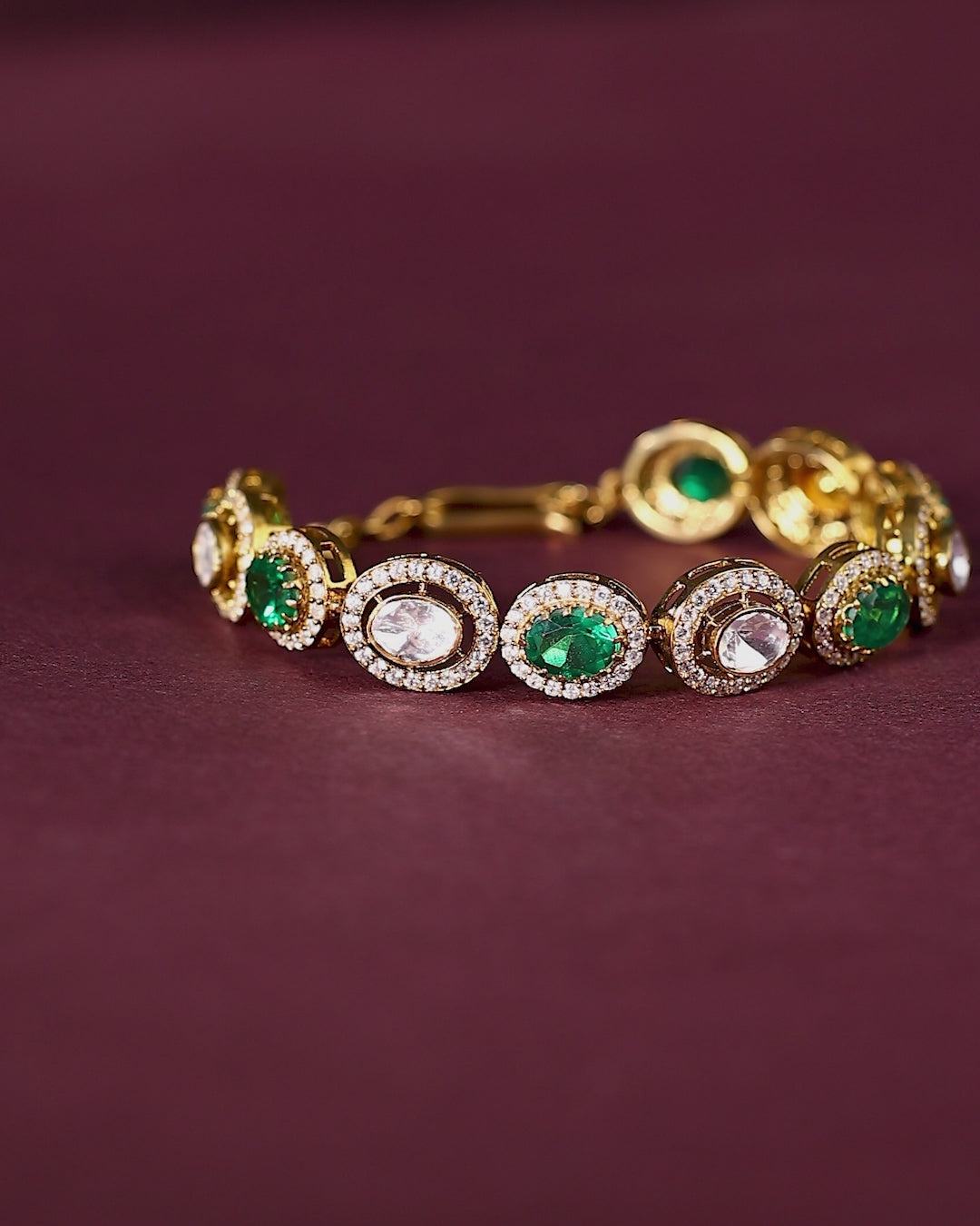 Gold Plated Silver Polki Pattern Bracelet with Green Stone