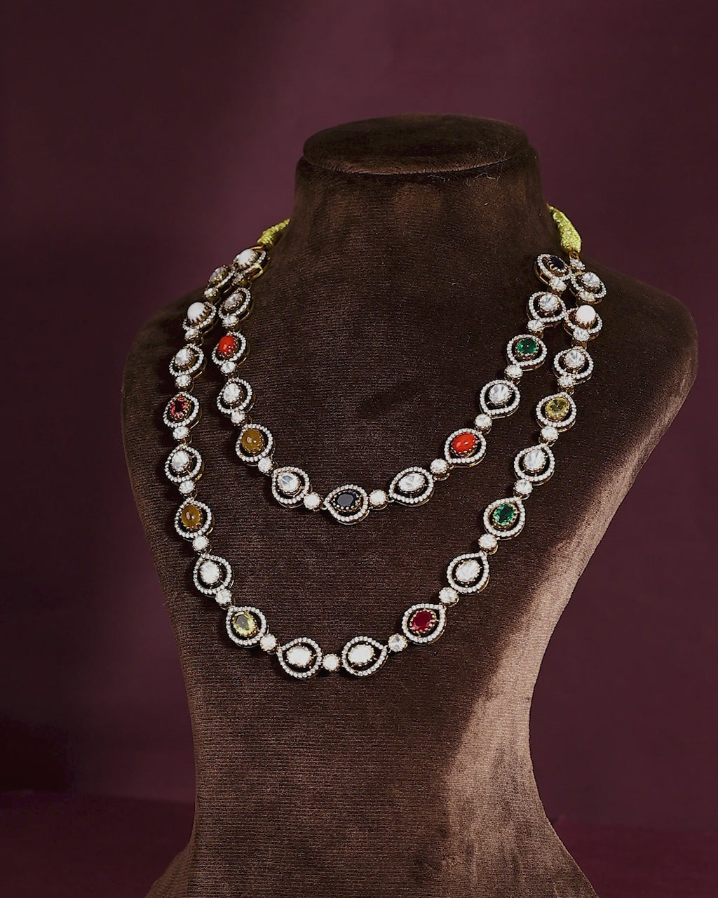 Regal Navratan Design Silver Double-Layered Necklace