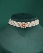 Multi-Strand Pearl Choker with CZ Floral Pendant in Gold Plated Silver