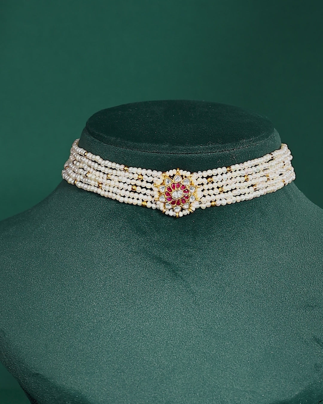 Multi-Strand Pearl Choker with CZ Floral Pendant in Gold Plated Silver