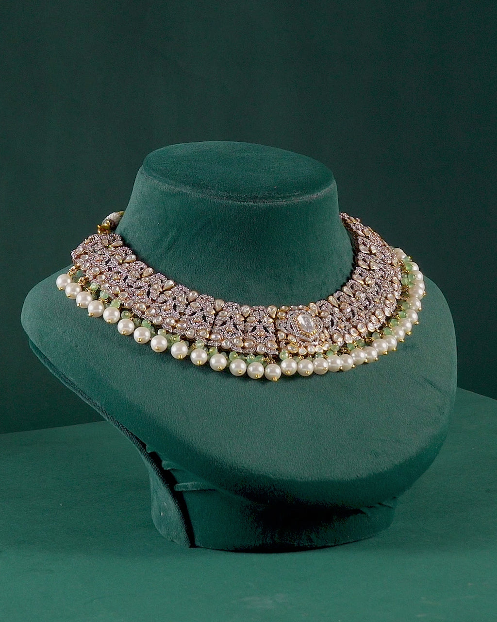 Silver Polki Pattern Short Necklace with Pearl Drops