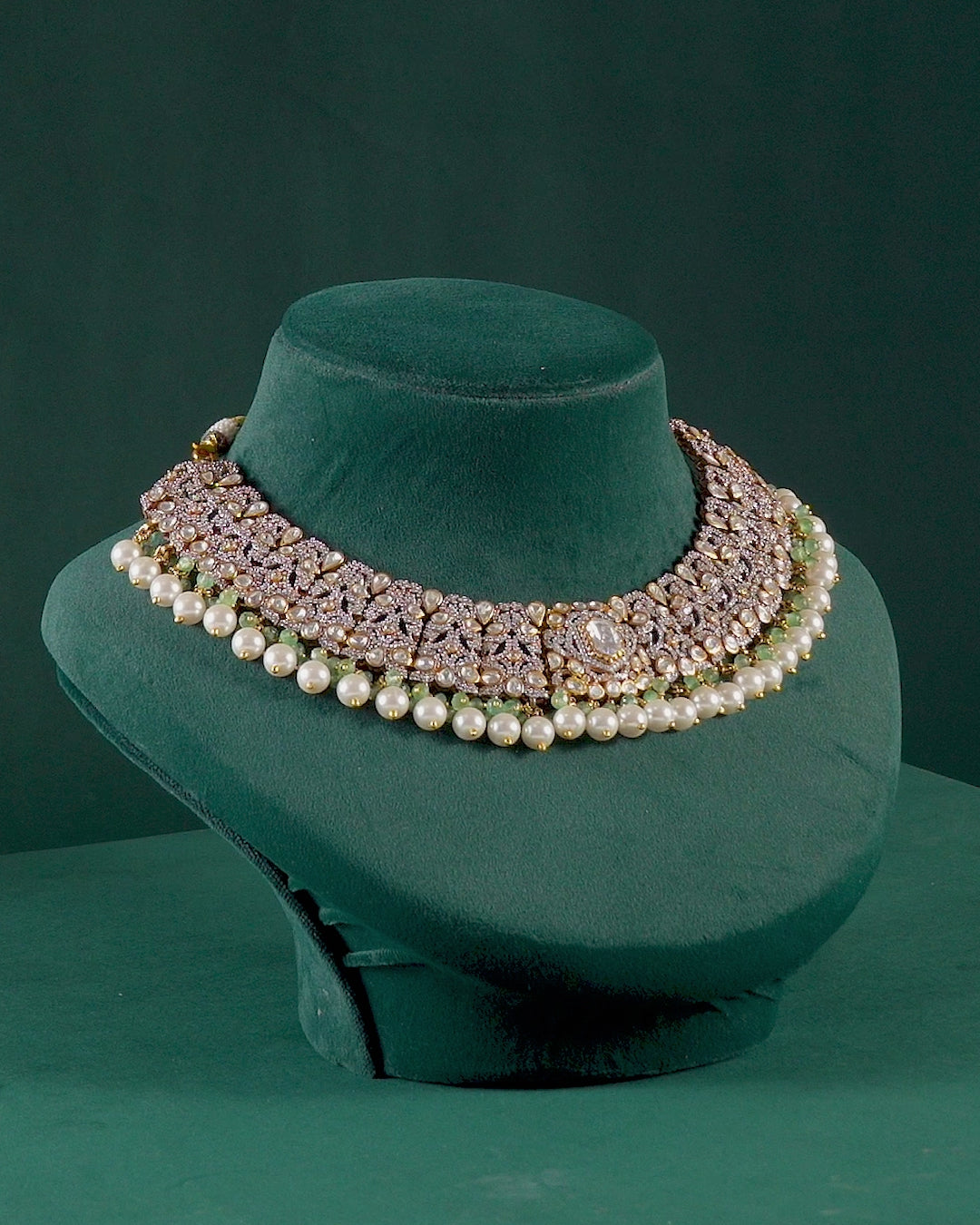 Silver Polki Pattern Short Necklace with Pearl Drops