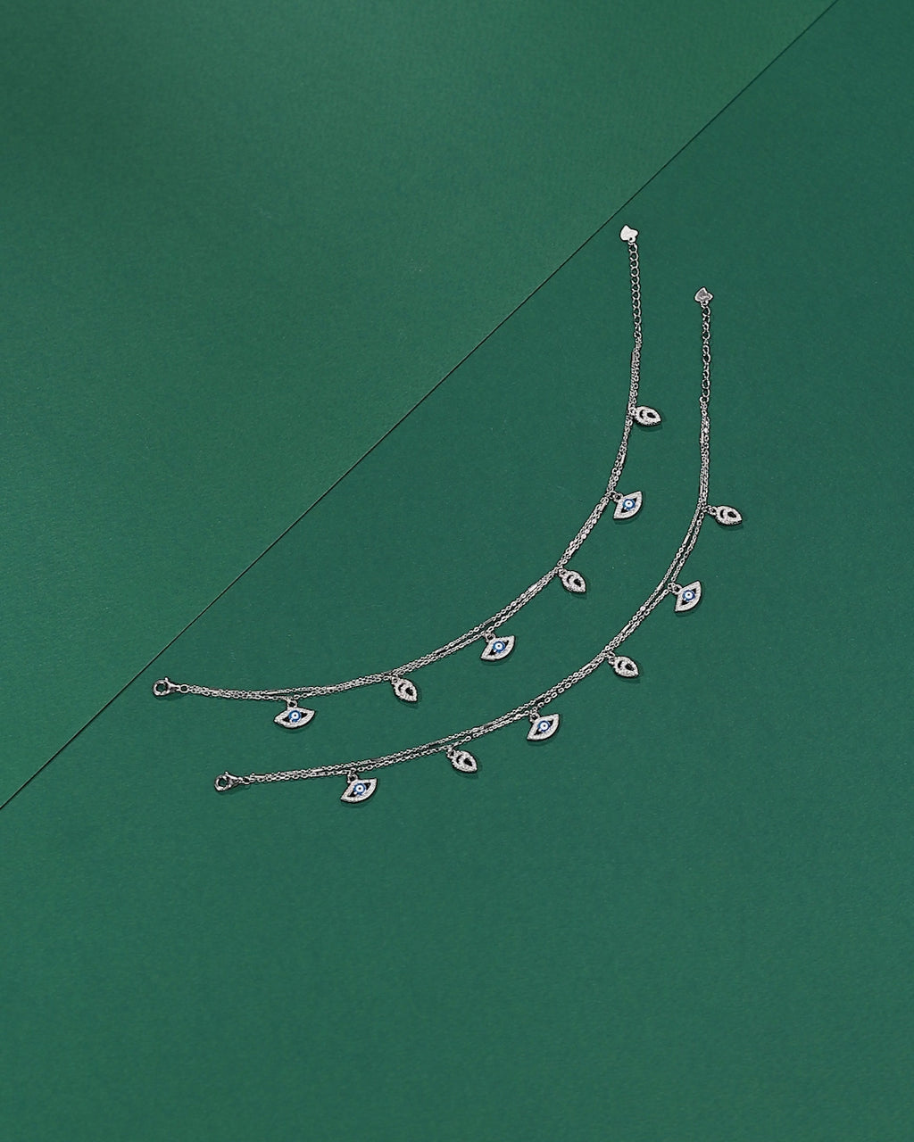 Silver Double Layer Evil Eye & CZ Leaf Anklets