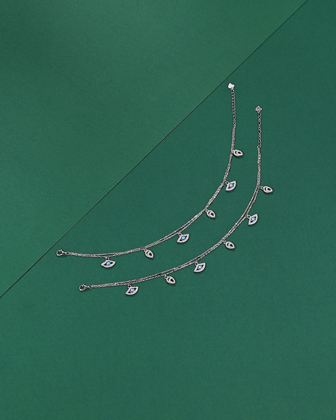 Silver Double Layer Evil Eye & CZ Leaf Anklets