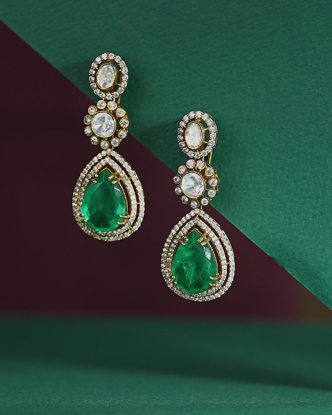 Polki Pattern Silver Floral Drop Earrings in Gold-Plated