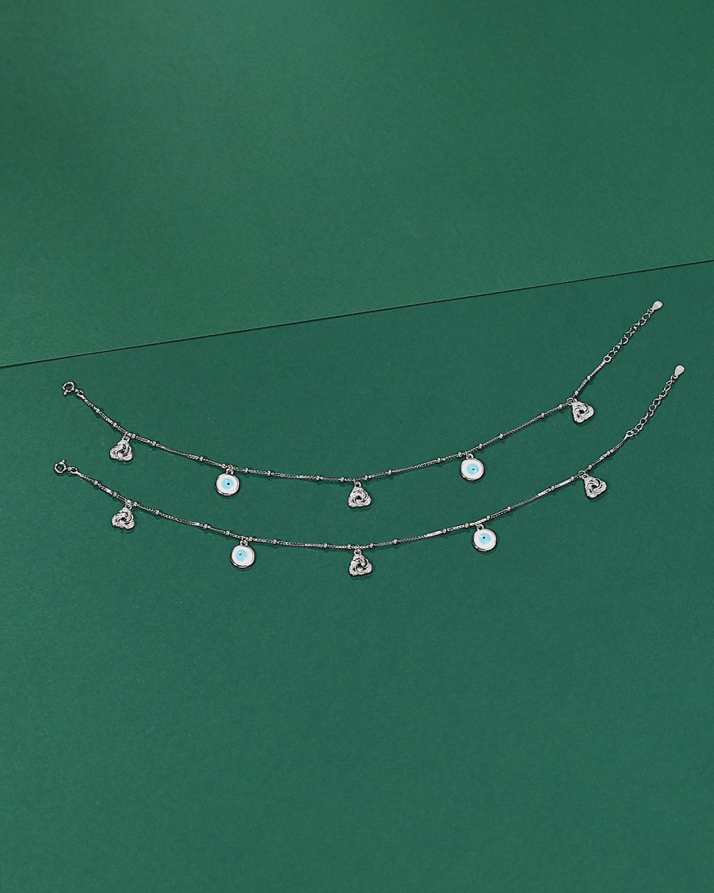 Silver Evil Eye Anklet Pair with Sparkling CZ Accents