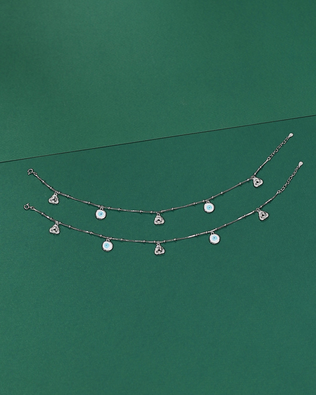 Silver Evil Eye Anklet Pair with Sparkling CZ Accents